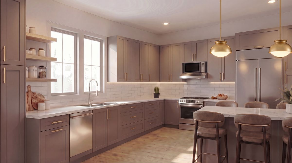 The kitchen — warm taupe, brass, marble