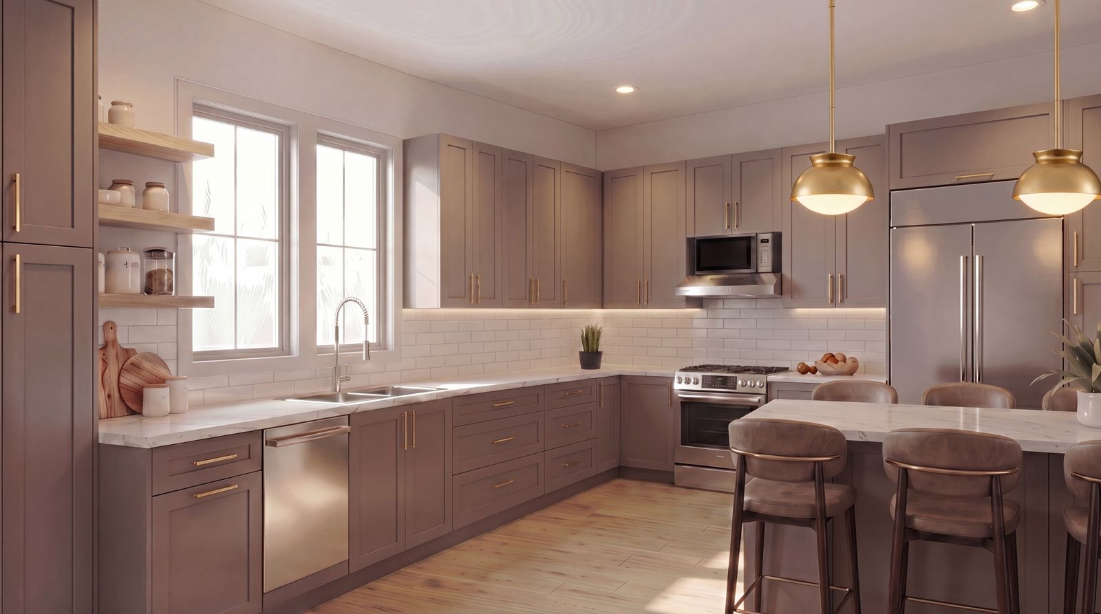The kitchen — warm taupe, brass, marble
