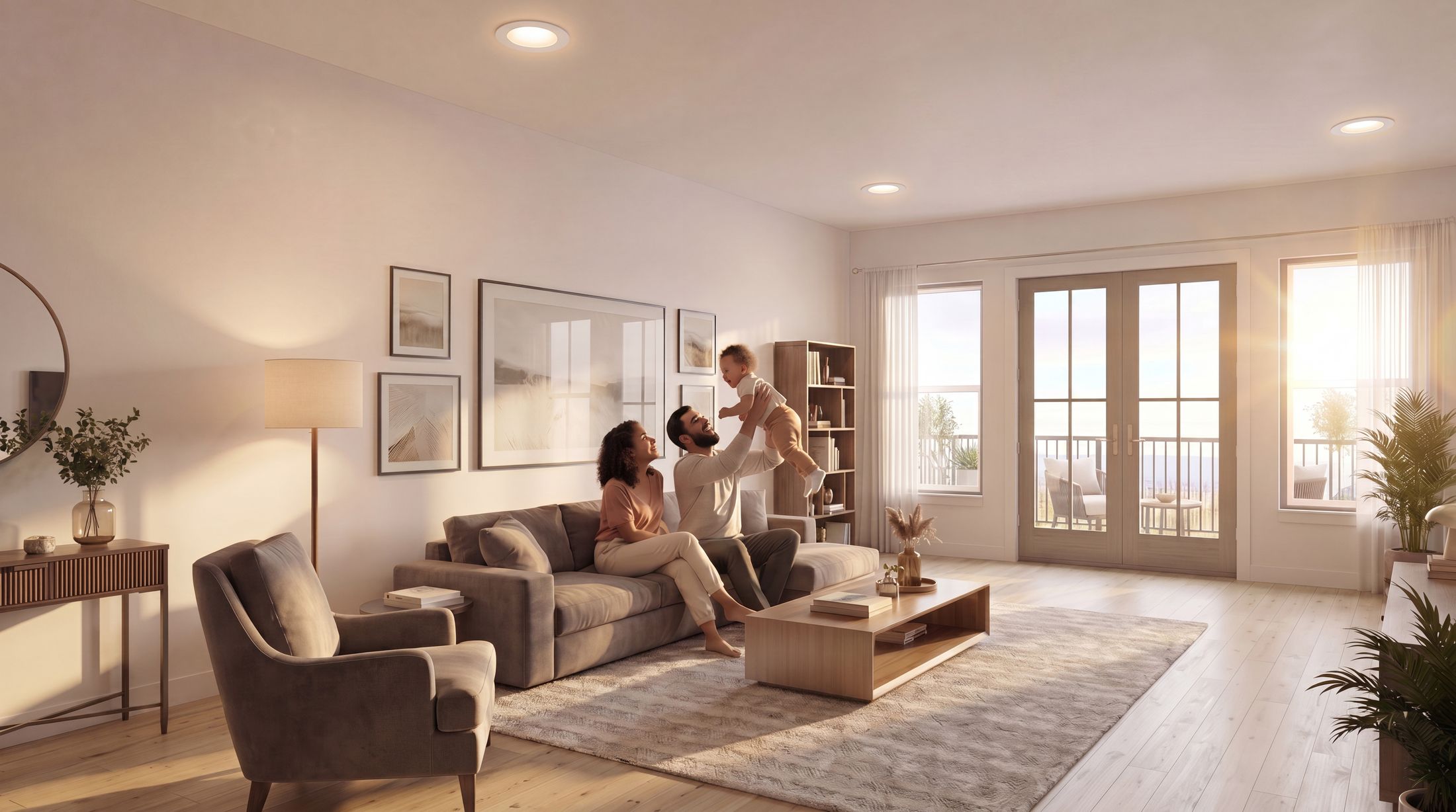 Family living room filled with warm light